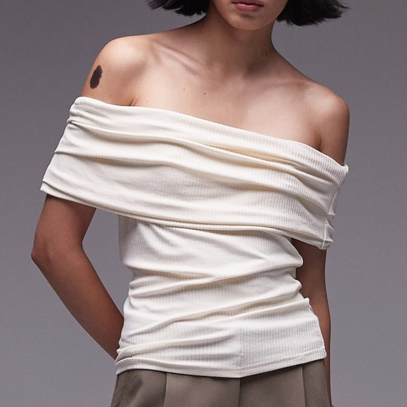 Topshop Tops - Topshop Ecru Cream Premium Ribbed Bardot Off The Shoulder Top size Medium